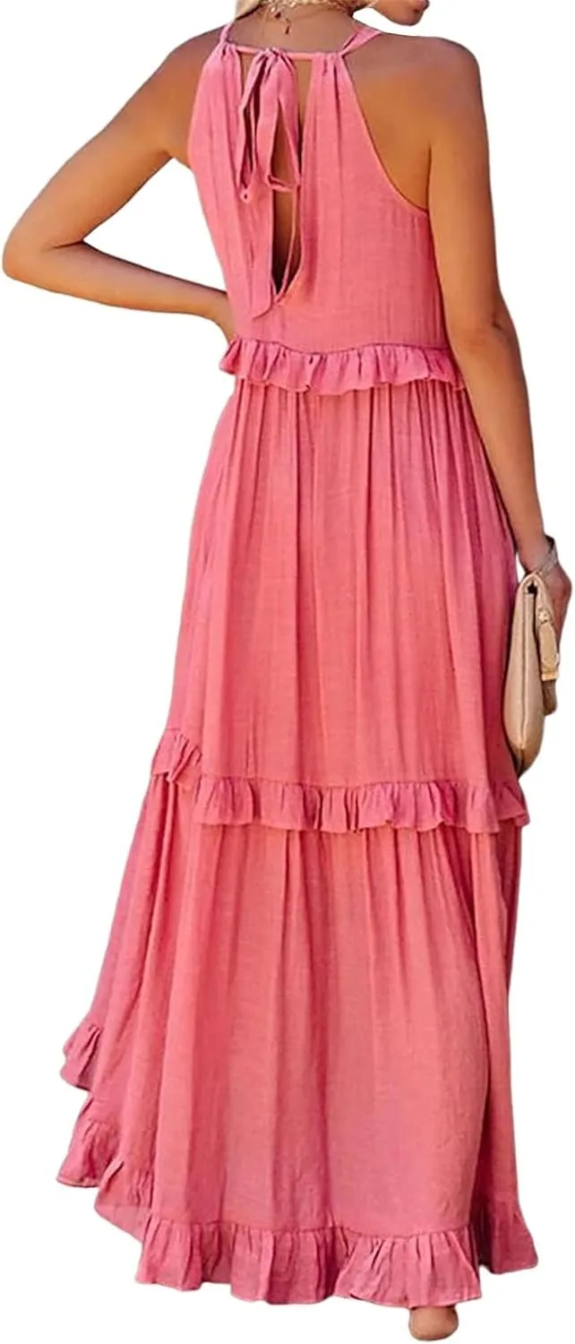 Women'S Summer Beach Dresses for Maxi Dress Long Tiered Ruffle Dress Sleeveless Flowy Boho Sundress Beige