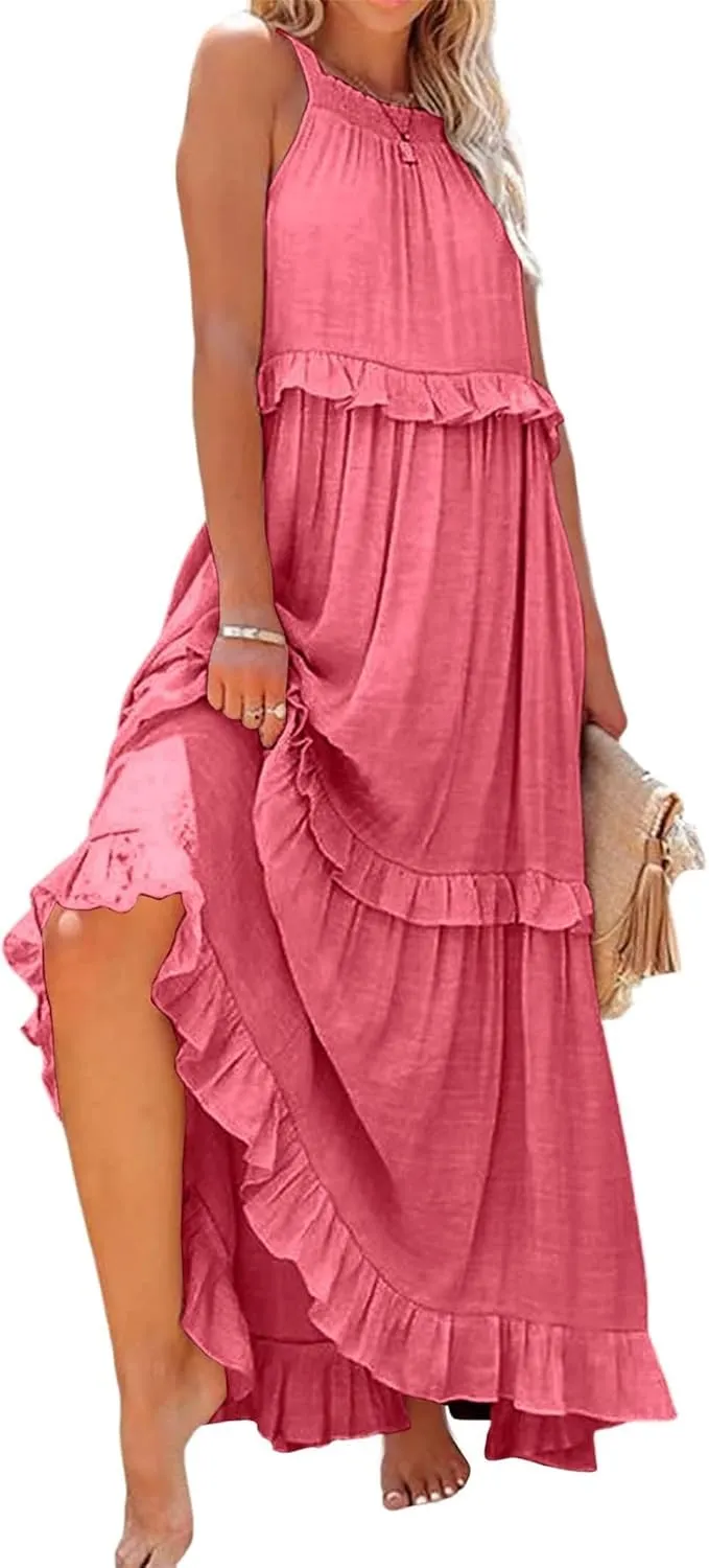 Women'S Summer Beach Dresses for Maxi Dress Long Tiered Ruffle Dress Sleeveless Flowy Boho Sundress Beige