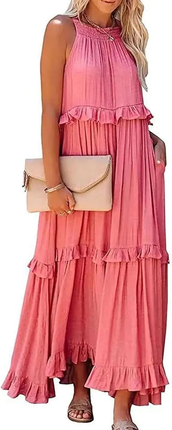 Women'S Summer Beach Dresses for Maxi Dress Long Tiered Ruffle Dress Sleeveless Flowy Boho Sundress Beige