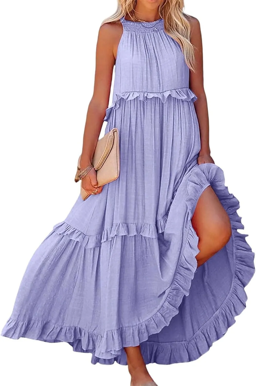 Women'S Summer Beach Dresses for Maxi Dress Long Tiered Ruffle Dress Sleeveless Flowy Boho Sundress Beige