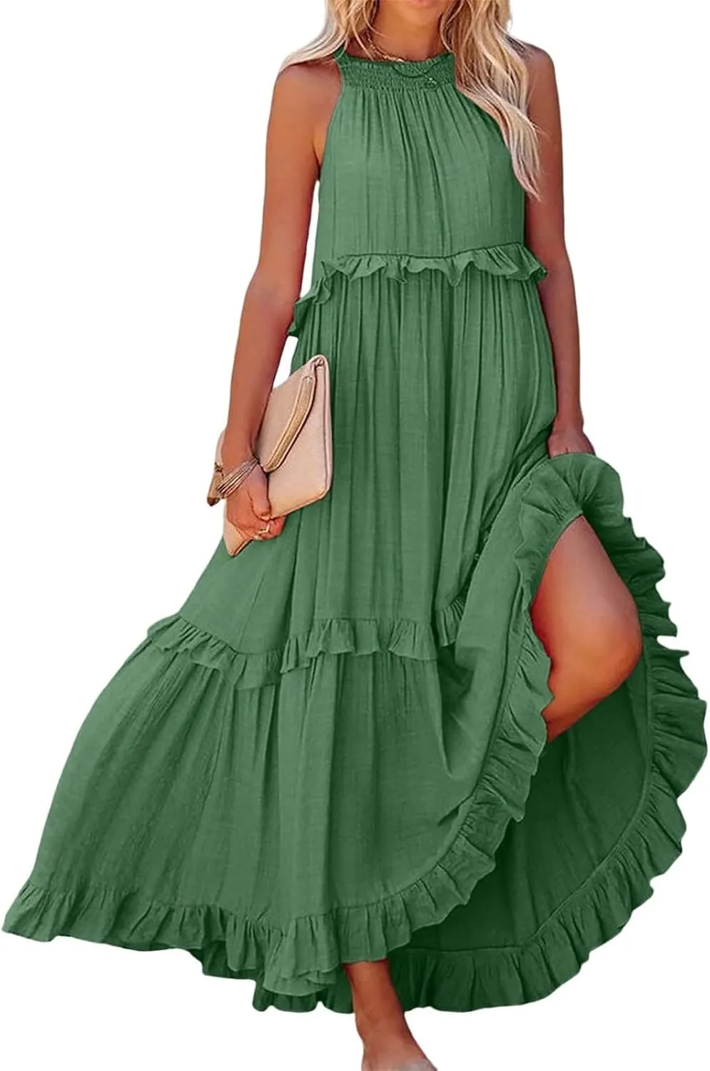 Women'S Summer Beach Dresses for Maxi Dress Long Tiered Ruffle Dress Sleeveless Flowy Boho Sundress Beige