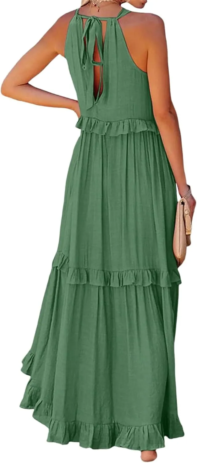 Women'S Summer Beach Dresses for Maxi Dress Long Tiered Ruffle Dress Sleeveless Flowy Boho Sundress Beige