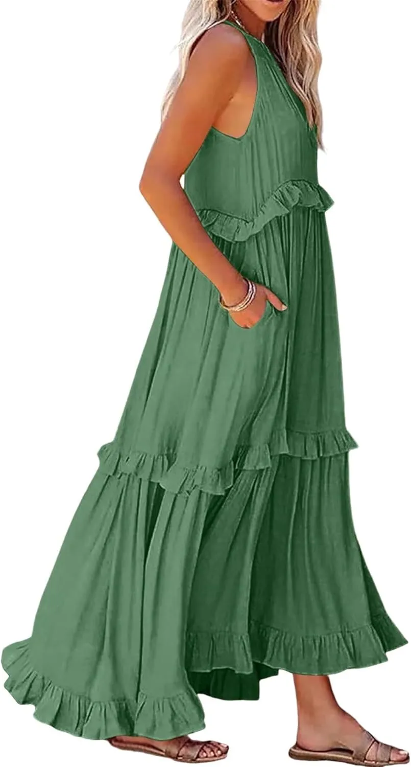 Women'S Summer Beach Dresses for Maxi Dress Long Tiered Ruffle Dress Sleeveless Flowy Boho Sundress Beige