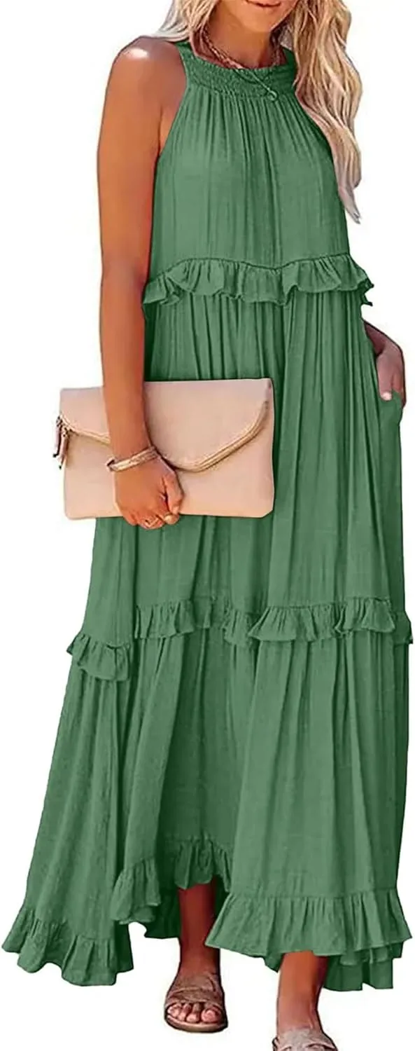 Women'S Summer Beach Dresses for Maxi Dress Long Tiered Ruffle Dress Sleeveless Flowy Boho Sundress Beige