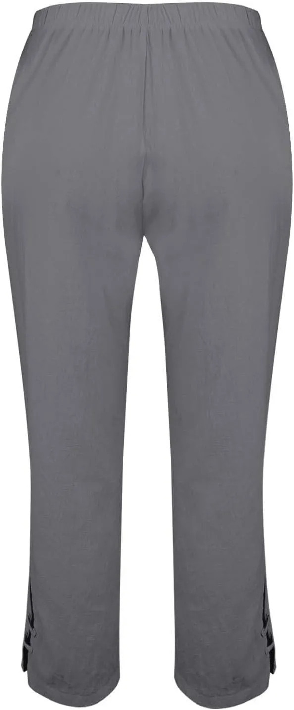 Women's Summer Cotton-Linen Pants Elastic & Paperbag Waist Plus Size Straight/Palazzo/Wide Leg Trousers with Pockets