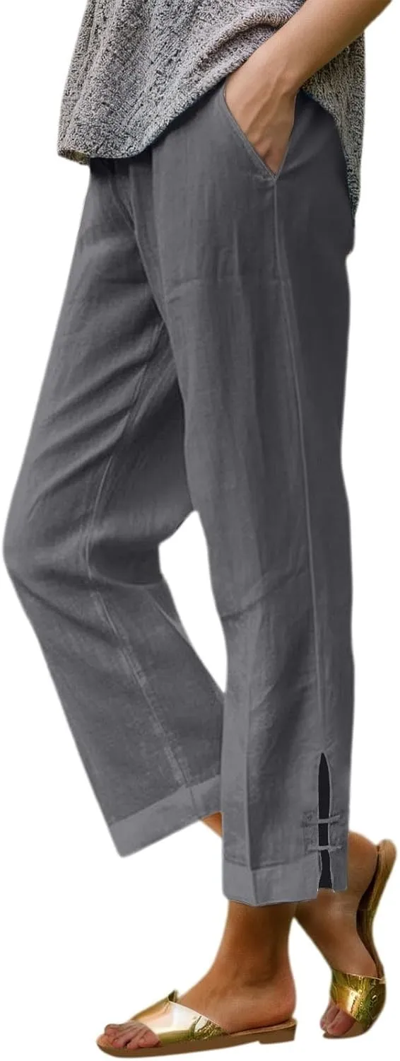 Women's Summer Cotton-Linen Pants Elastic & Paperbag Waist Plus Size Straight/Palazzo/Wide Leg Trousers with Pockets