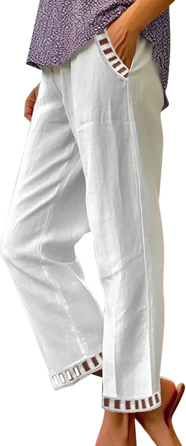 Women's Summer Cotton-Linen Pants Elastic & Paperbag Waist Plus Size Straight/Palazzo/Wide Leg Trousers with Pockets