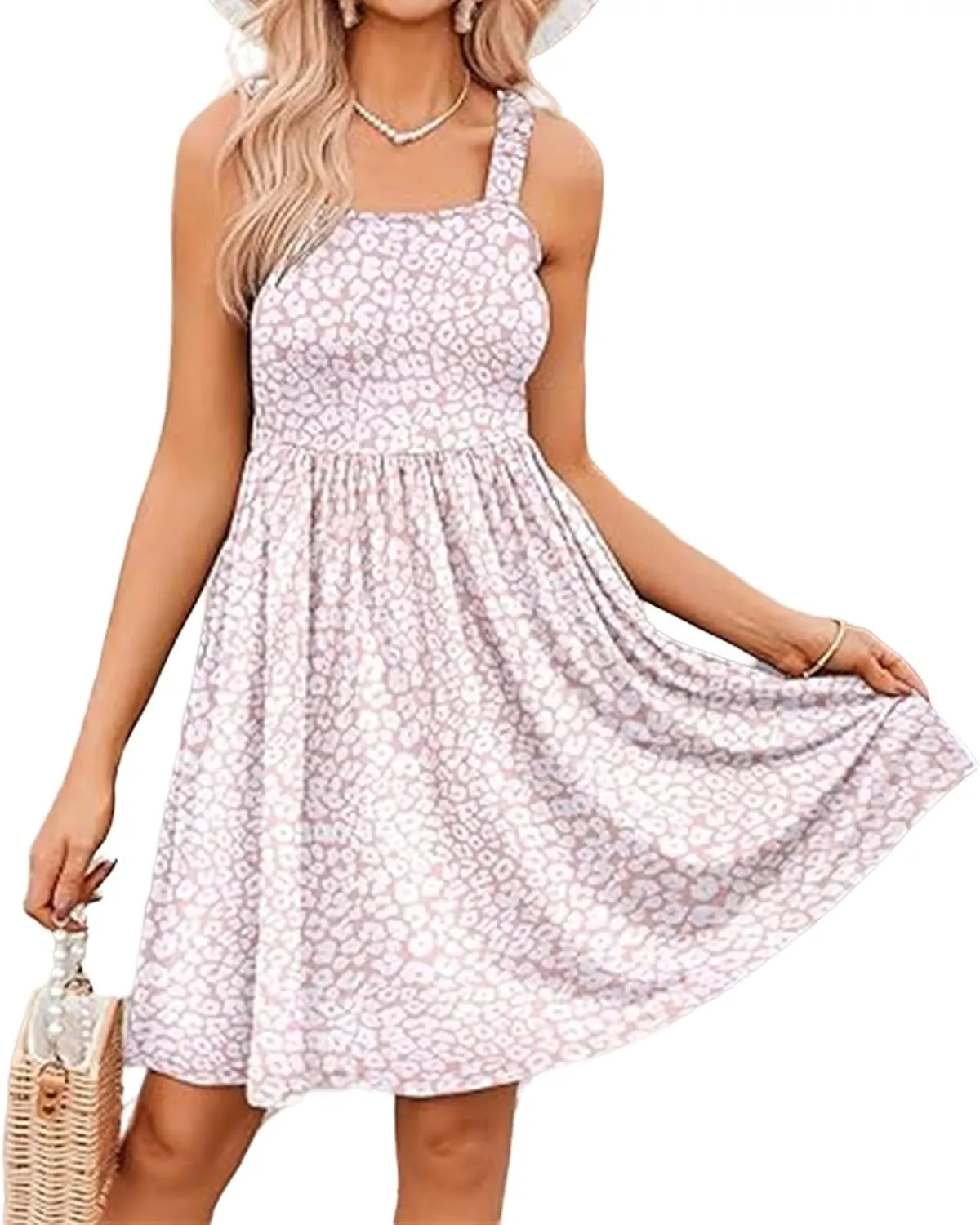 Women's Summer Dress Casual Square Neck Floral Dress Cute Sleeveless High Waist A-line Sundress Swing Mini Dresses
