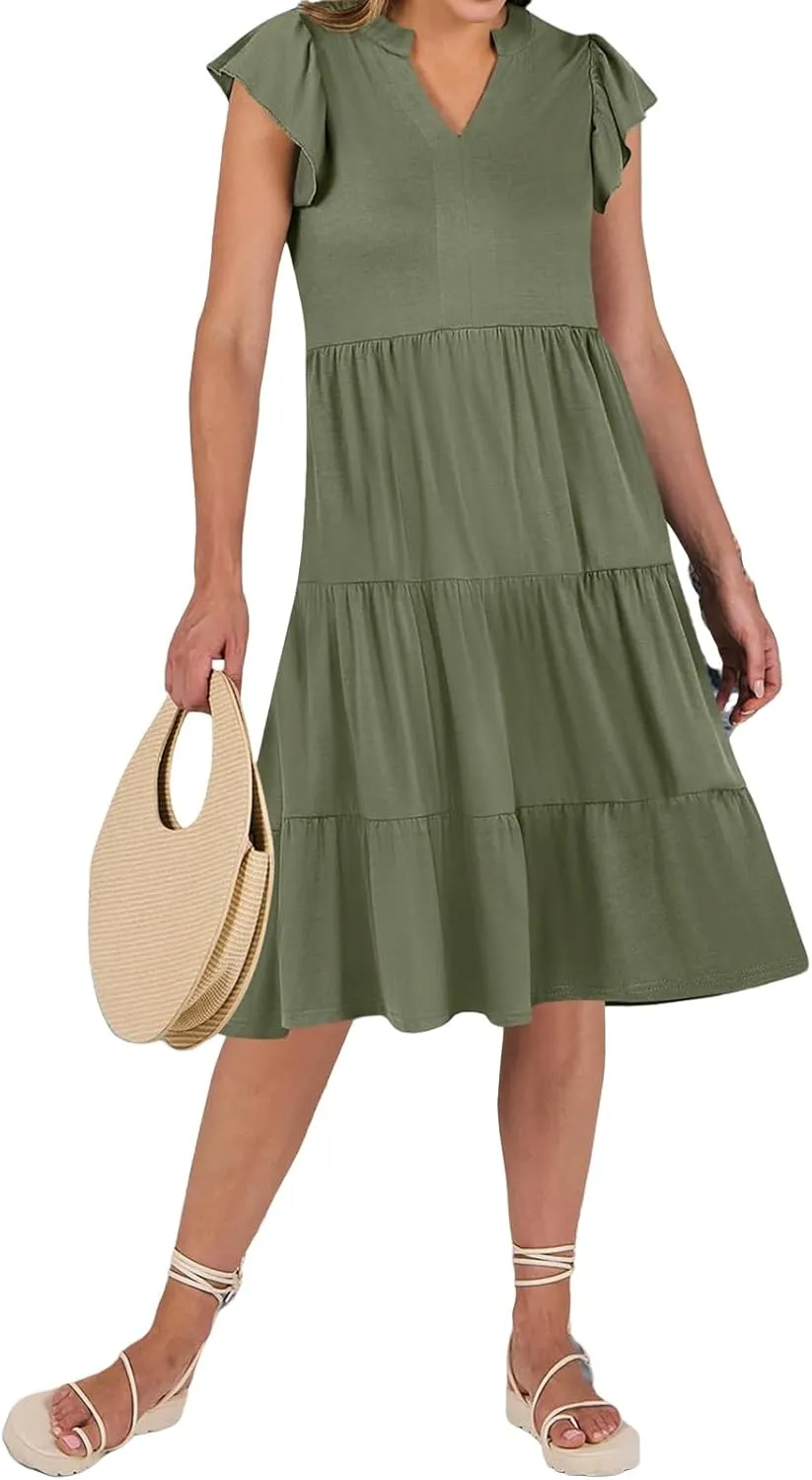 Womens Summer Dress Fashion Ruffle Sleeve V Neck Midi Dresses Trendy Flowy Tiered Beach Vacation Boho Sundress 2025