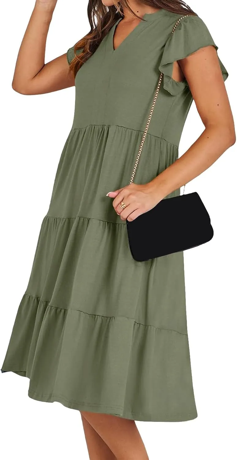Womens Summer Dress Fashion Ruffle Sleeve V Neck Midi Dresses Trendy Flowy Tiered Beach Vacation Boho Sundress 2025