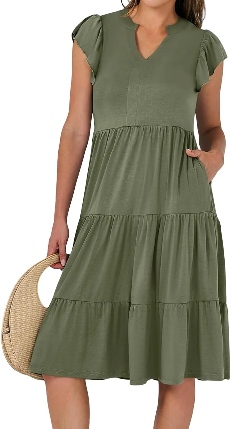 Womens Summer Dress Fashion Ruffle Sleeve V Neck Midi Dresses Trendy Flowy Tiered Beach Vacation Boho Sundress 2025
