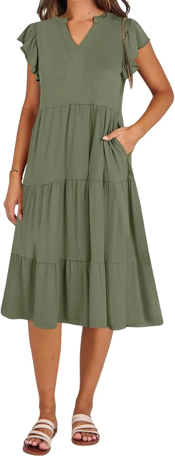 Womens Summer Dress Fashion Ruffle Sleeve V Neck Midi Dresses Trendy Flowy Tiered Beach Vacation Boho Sundress 2025