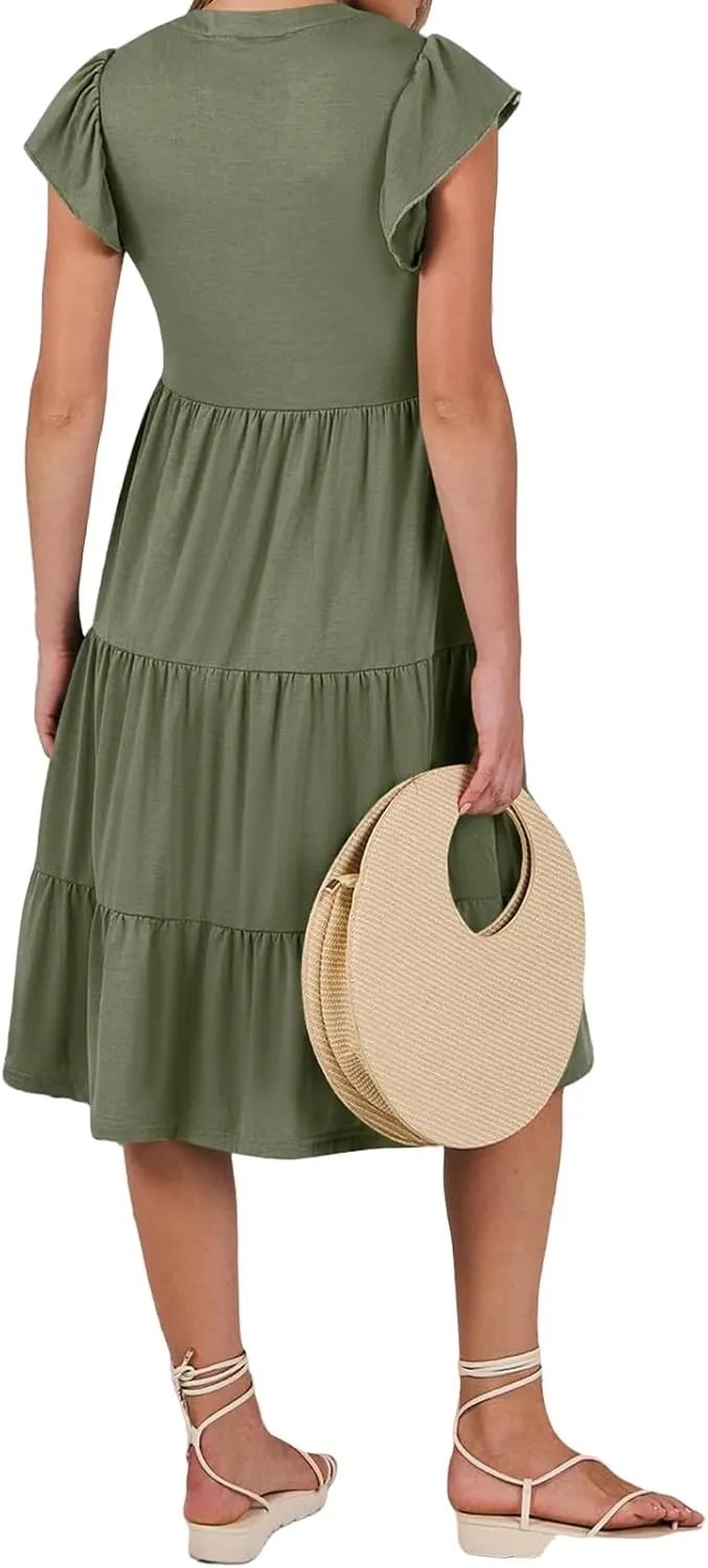 Womens Summer Dress Fashion Ruffle Sleeve V Neck Midi Dresses Trendy Flowy Tiered Beach Vacation Boho Sundress 2025