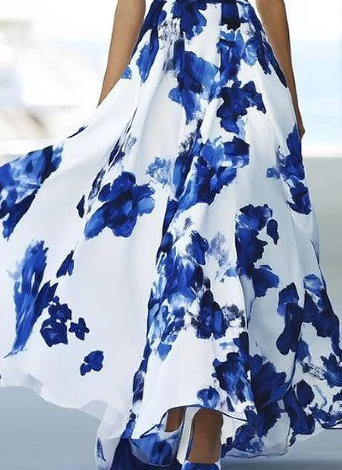 Women's Summer Dresses Deep V Neck Floral Print Ruffle Sleeveless High Waist Flowy Hem Maxi Dress Wedding Guest Dress