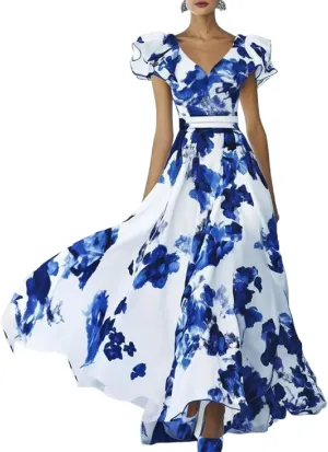 Women's Summer Dresses Deep V Neck Floral Print Ruffle Sleeveless High Waist Flowy Hem Maxi Dress Wedding Guest Dress