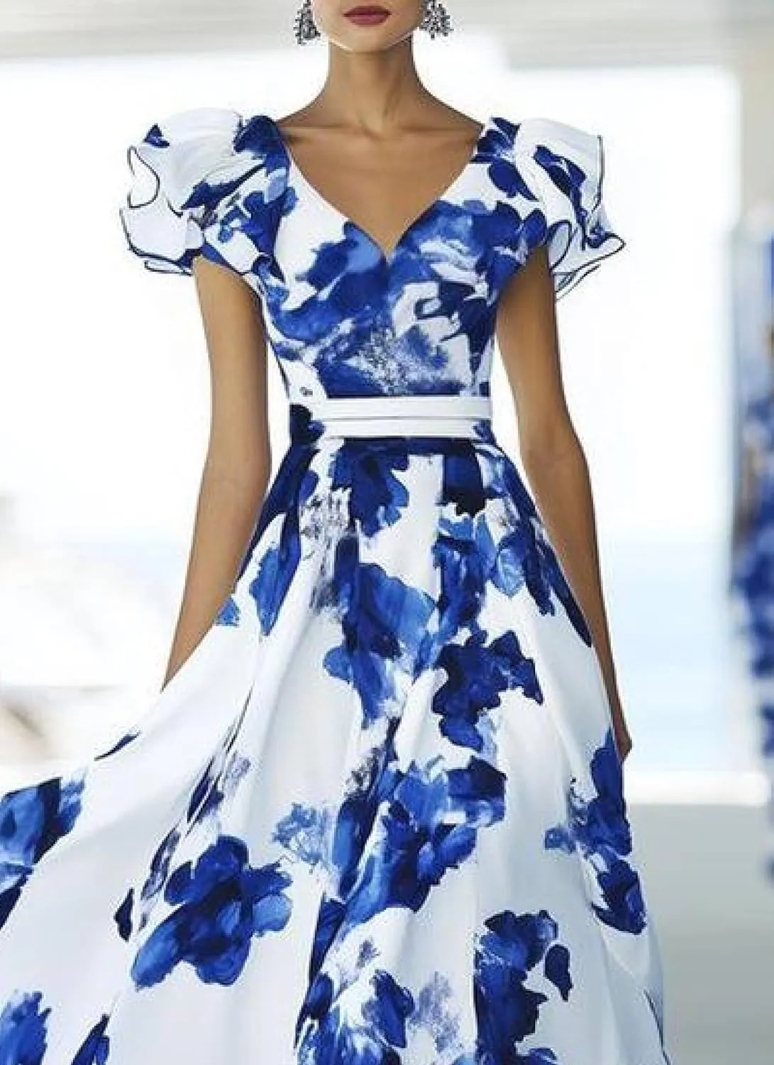 Women's Summer Dresses Deep V Neck Floral Print Ruffle Sleeveless High Waist Flowy Hem Maxi Dress Wedding Guest Dress