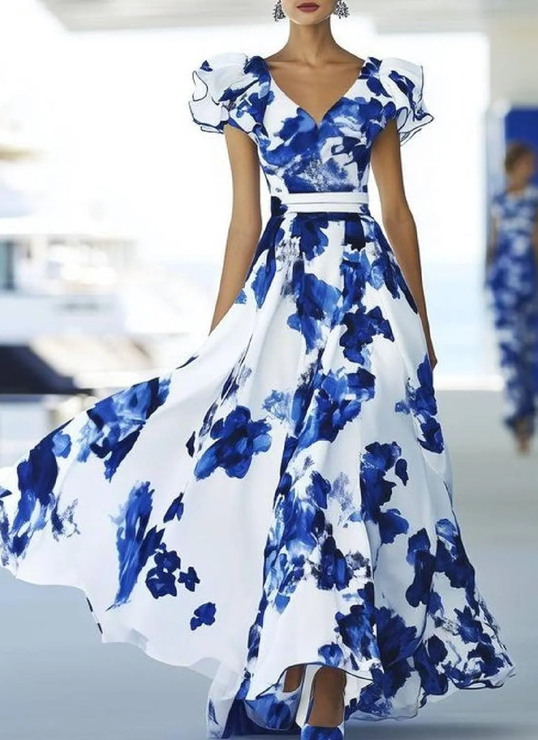 Women's Summer Dresses Deep V Neck Floral Print Ruffle Sleeveless High Waist Flowy Hem Maxi Dress Wedding Guest Dress