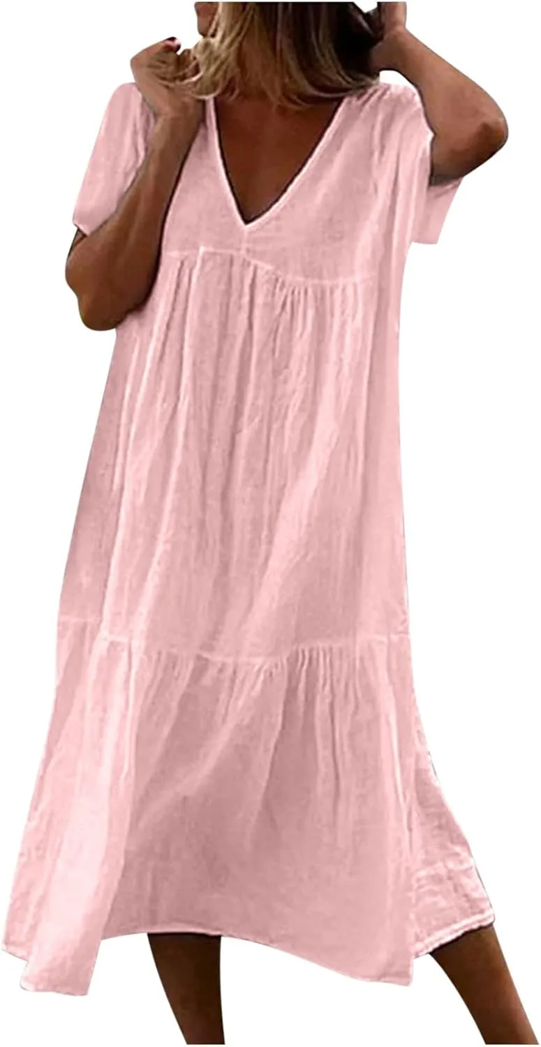 Womens Summer Short Sleeve V Neck Midi Dress 2025 Fashion Casual Fit Flowy Tiered Boho Beach Vacation Sundress