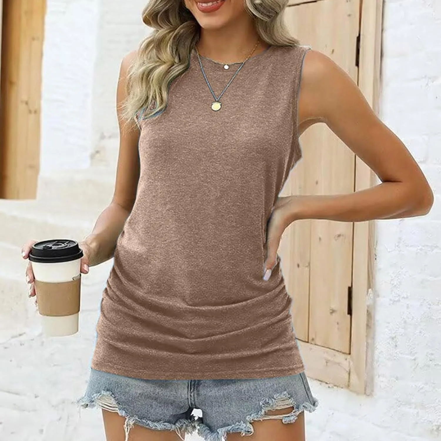 Women's Tank Tops Sleeveless Crew Neck Tee Shirts Summer Solid Color Semi Casual Tops 2025 Loose Fit Basic T Shirts
