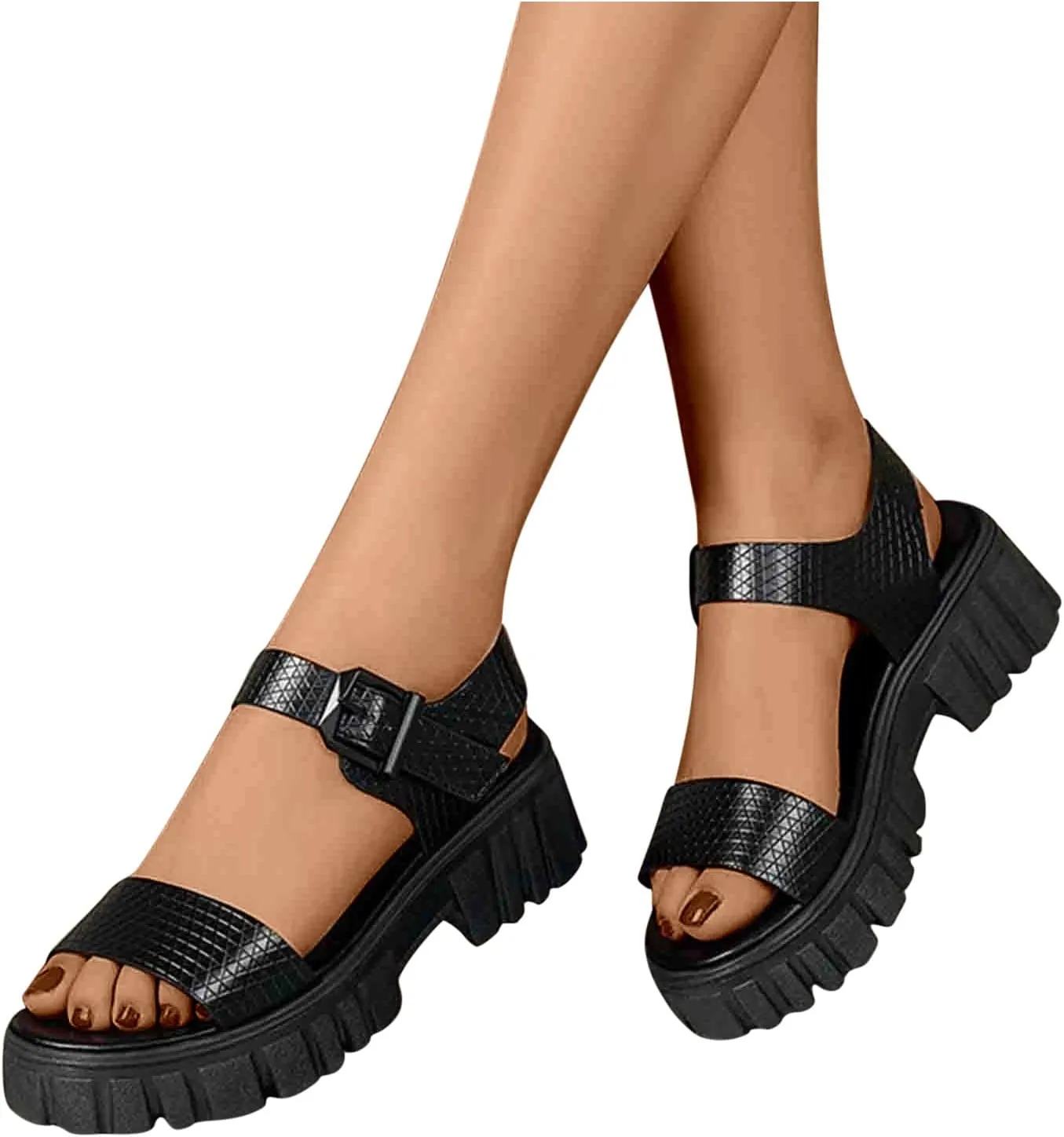 Women's Thick Strappy Chunky Sandal Hook and Eye Solid Platform Shoe Open Toe Slingback Sandals Summer Spring Shoes