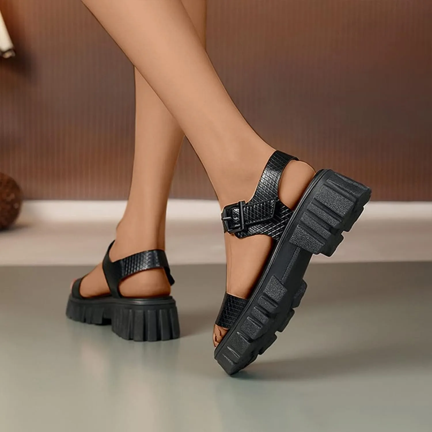 Women's Thick Strappy Chunky Sandal Hook and Eye Solid Platform Shoe Open Toe Slingback Sandals Summer Spring Shoes