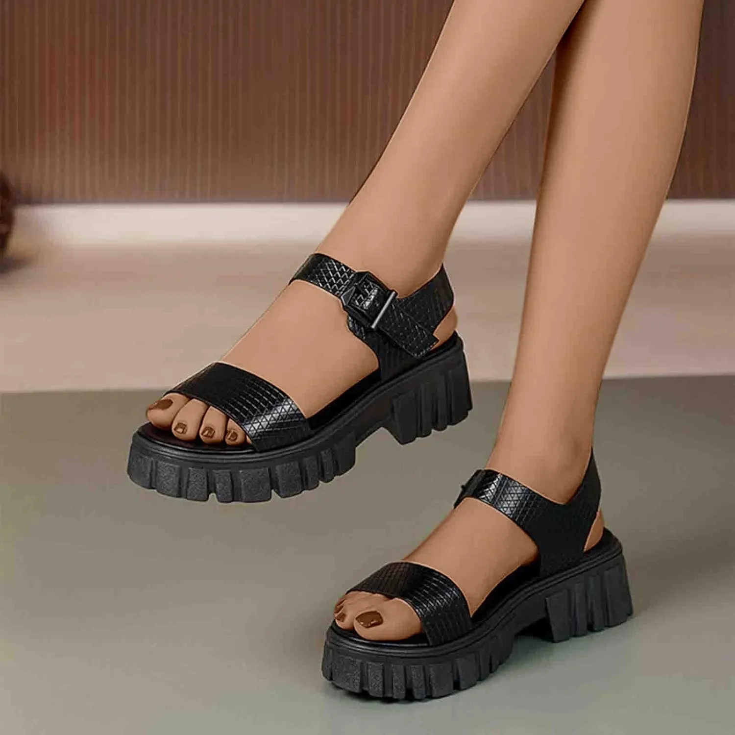 Women's Thick Strappy Chunky Sandal Hook and Eye Solid Platform Shoe Open Toe Slingback Sandals Summer Spring Shoes