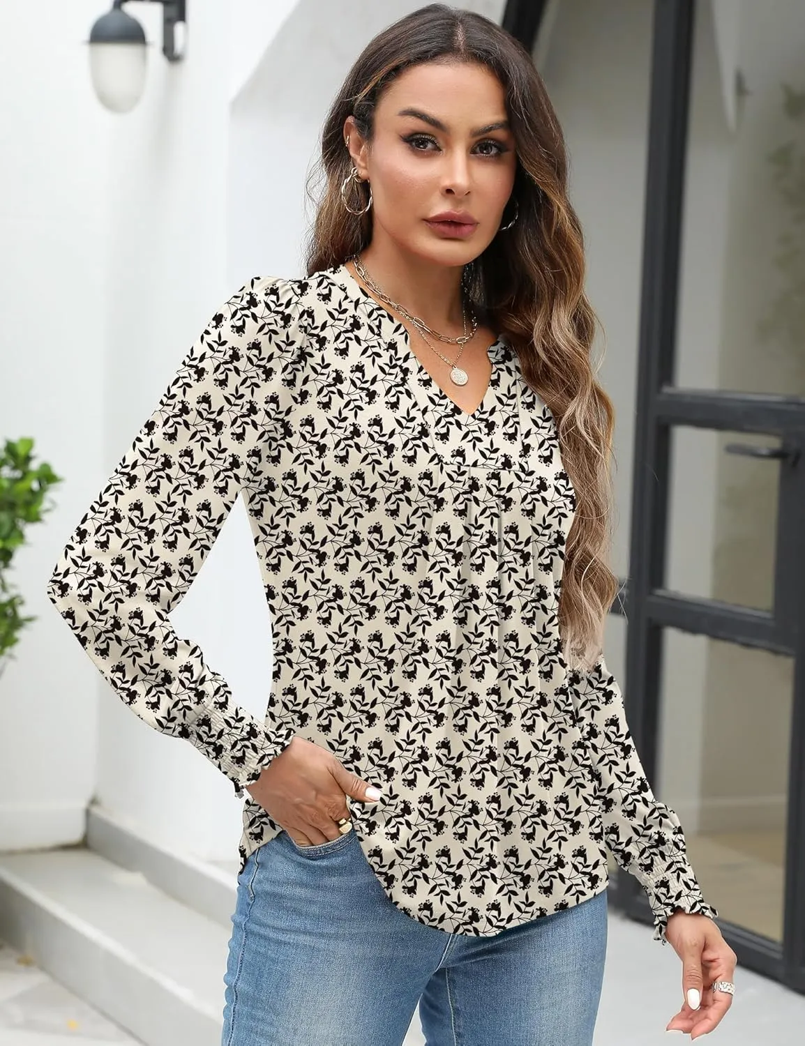 Womens V Neck Long Sleeve Blouses Tops 2024 Fall Fashion Ruffle Cuffs Dressy Casual T-Shirts