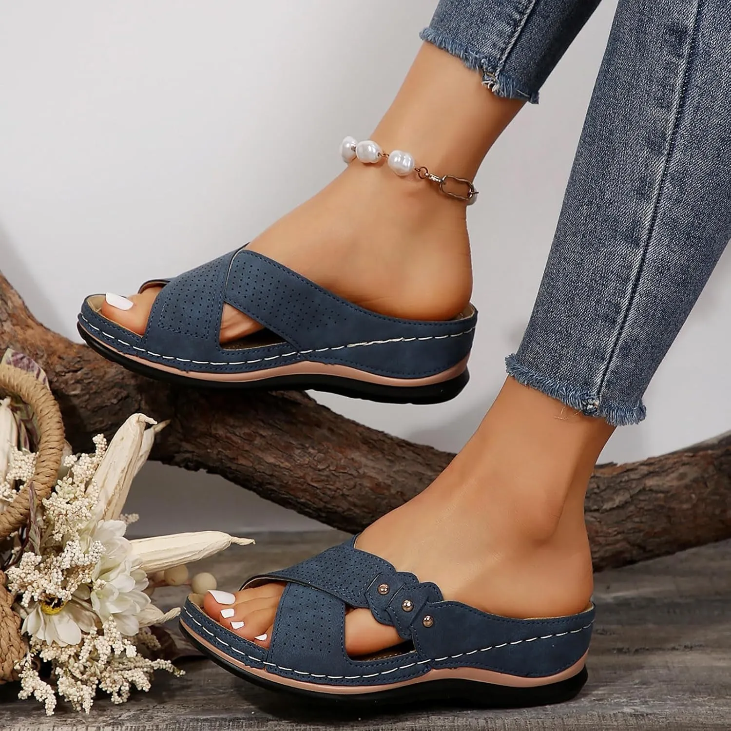 Womens Wedge Sandals Comfortable Leather Dressy Orthopedic Sandals for Women Summer Arch Support Slip-On Slippers Rubber Sole, Walking, Casual Slip on Summer Shoes