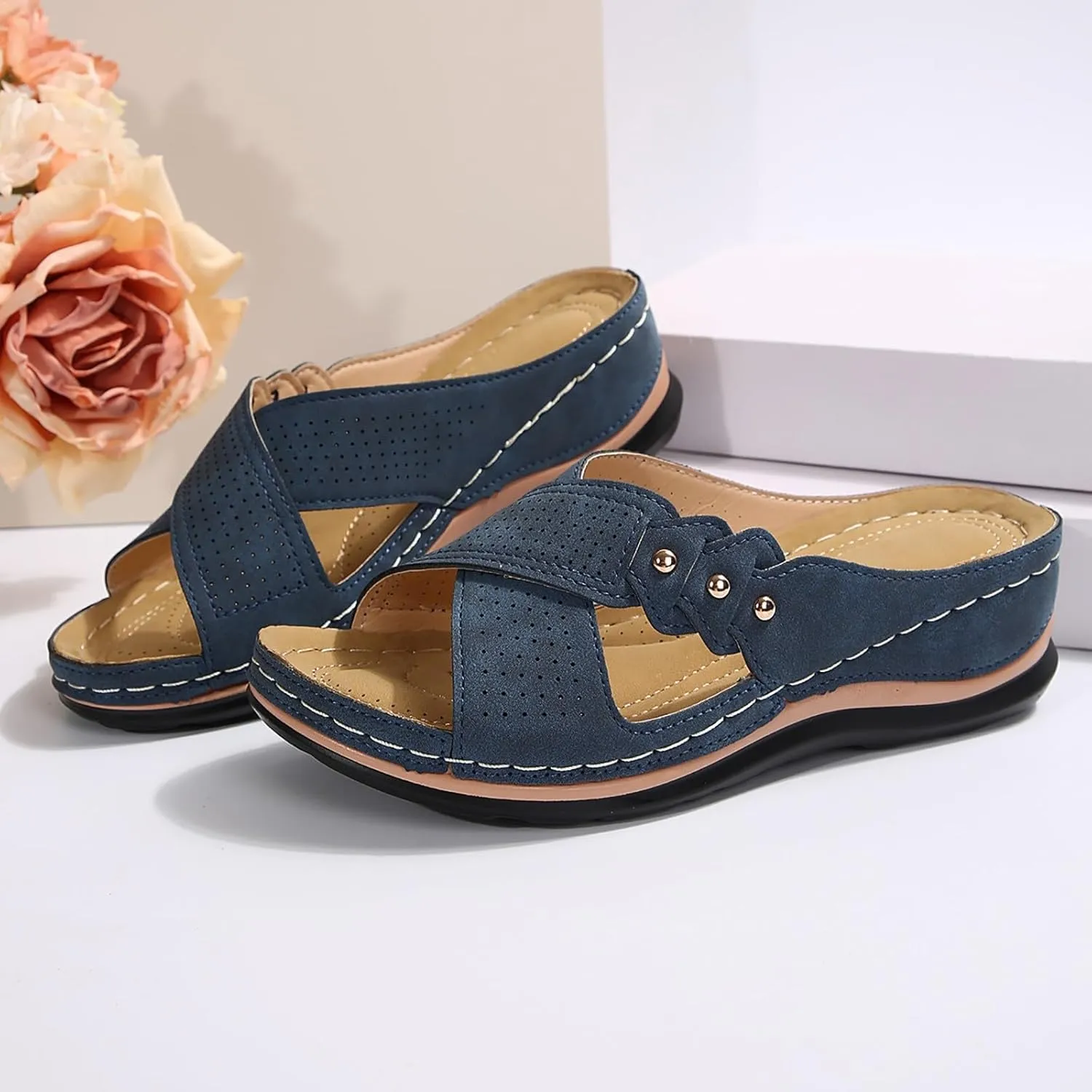Womens Wedge Sandals Comfortable Leather Dressy Orthopedic Sandals for Women Summer Arch Support Slip-On Slippers Rubber Sole, Walking, Casual Slip on Summer Shoes