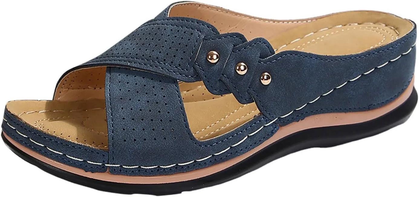 Womens Wedge Sandals Comfortable Leather Dressy Orthopedic Sandals for Women Summer Arch Support Slip-On Slippers Rubber Sole, Walking, Casual Slip on Summer Shoes