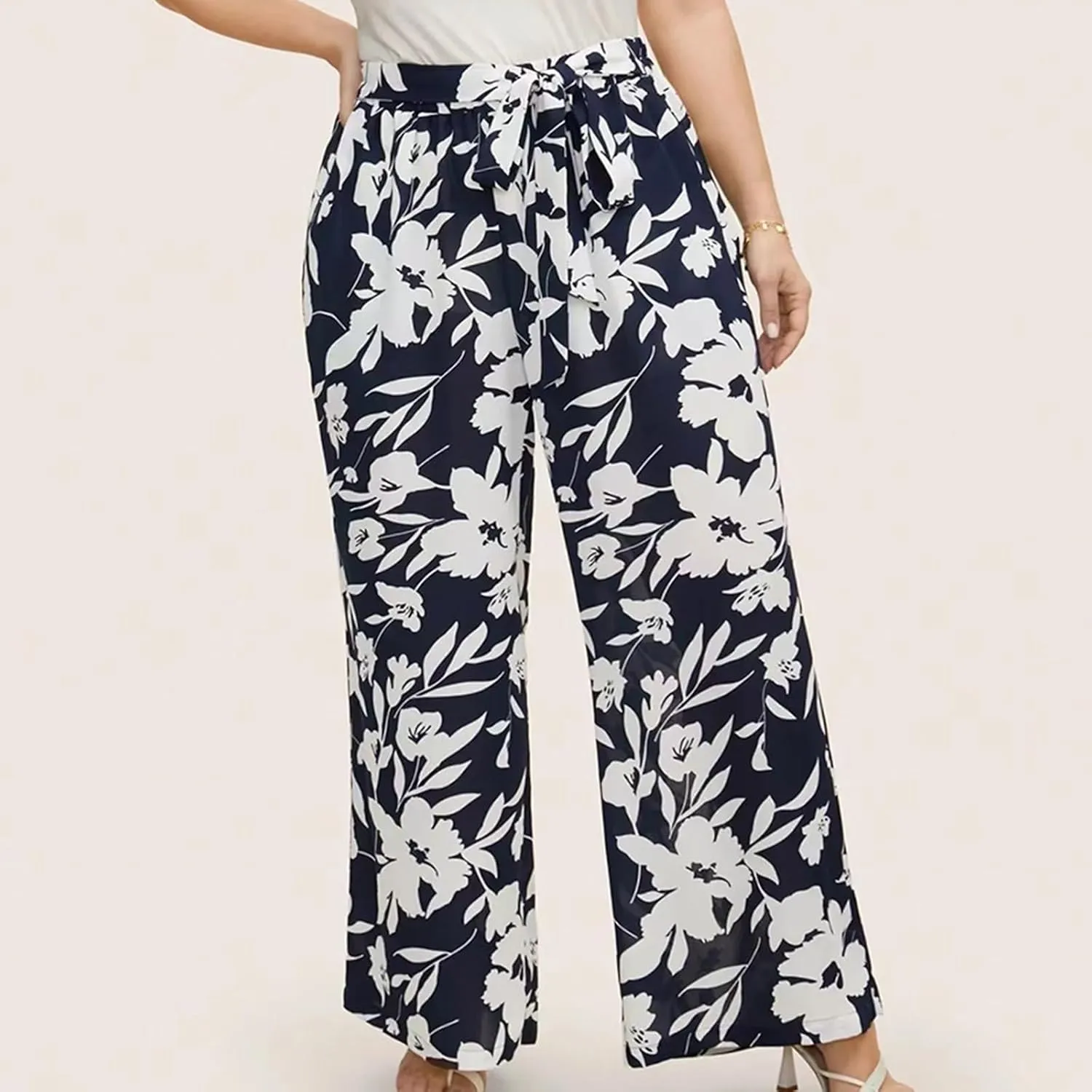Women's Wide Leg Pants Elastic High Waist Floral Print Pants Plus Size Trousers with Pockets