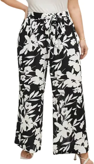 Women's Wide Leg Pants Elastic High Waist Floral Print Pants Plus Size Trousers with Pockets
