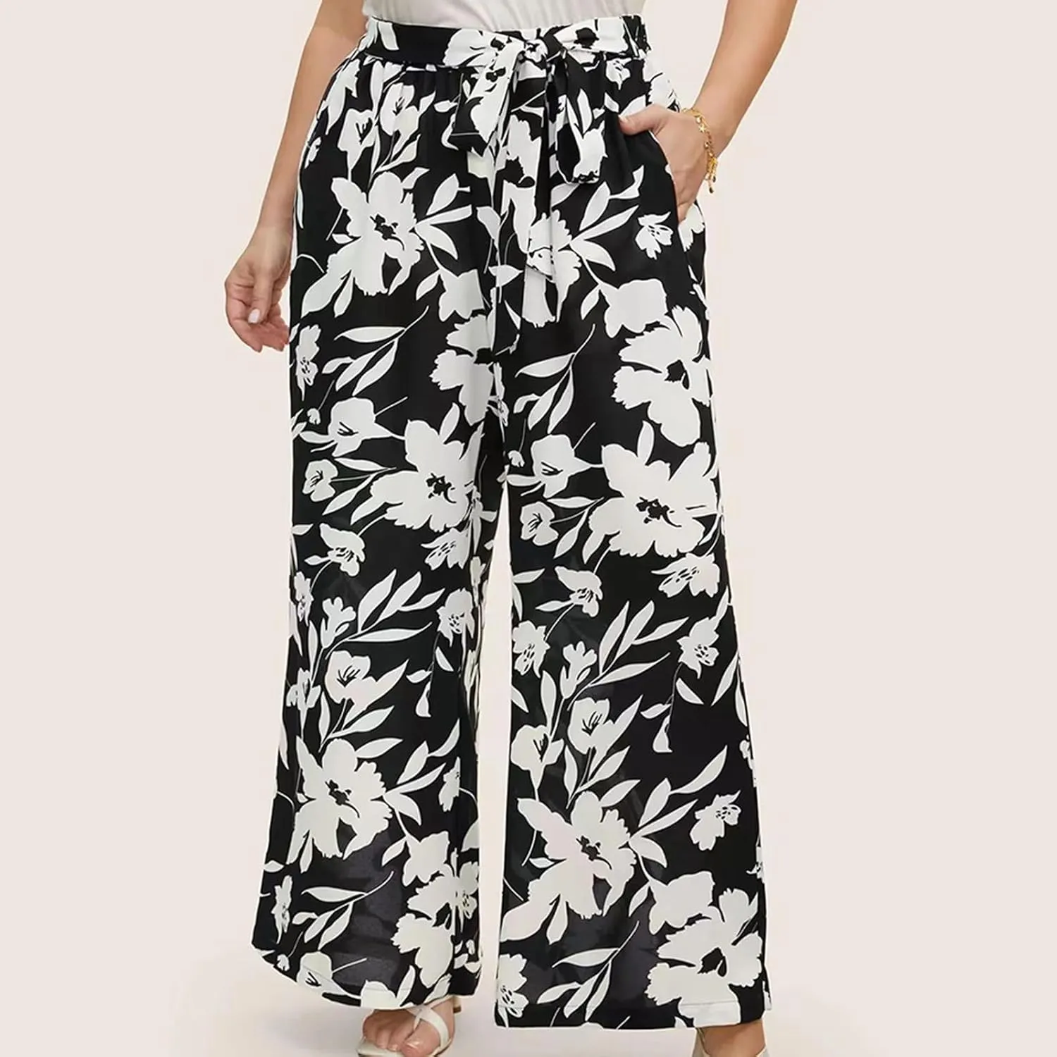Women's Wide Leg Pants Elastic High Waist Floral Print Pants Plus Size Trousers with Pockets