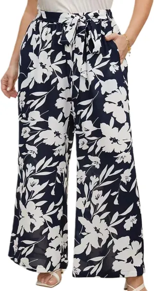 Women's Wide Leg Pants Elastic High Waist Floral Print Pants Plus Size Trousers with Pockets
