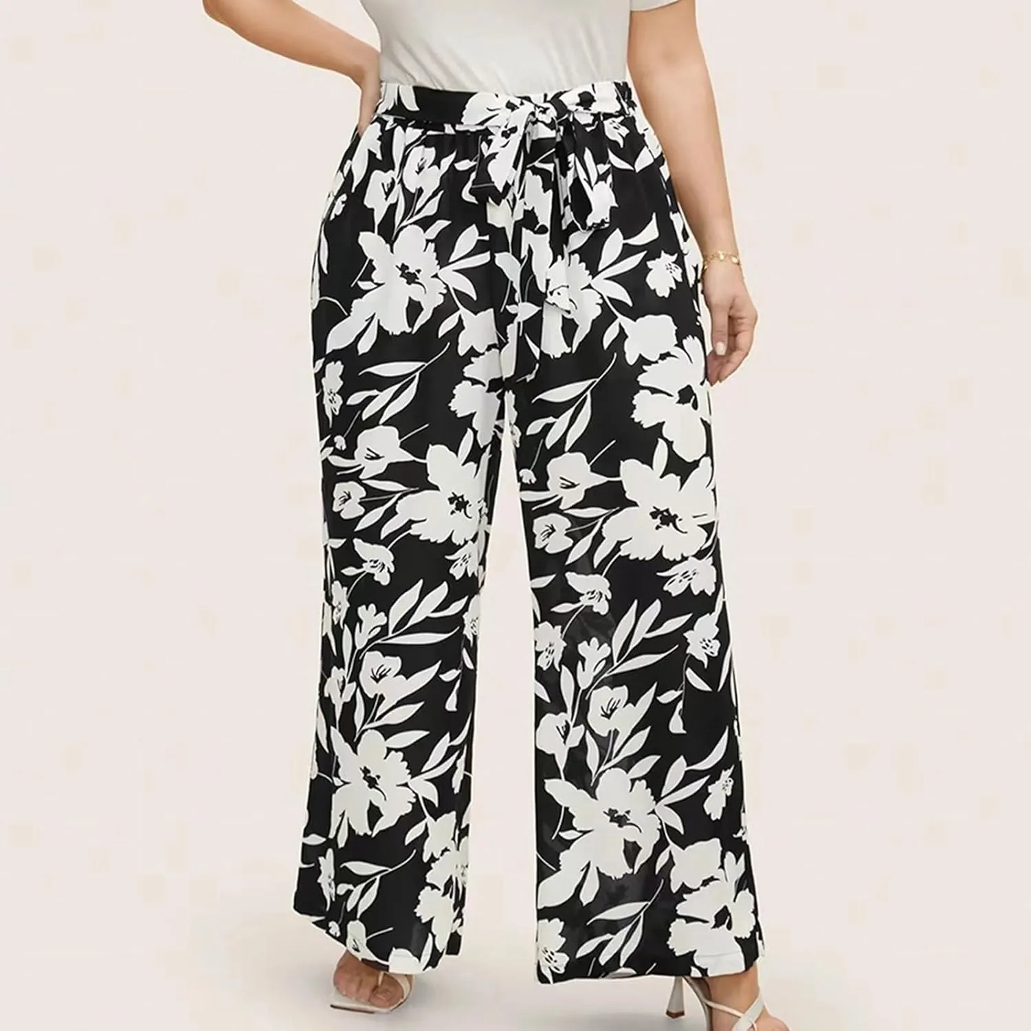 Women's Wide Leg Pants Elastic High Waist Floral Print Pants Plus Size Trousers with Pockets