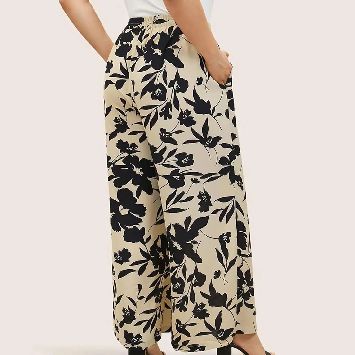 Women's Wide Leg Pants Elastic High Waist Floral Print Pants Plus Size Trousers with Pockets