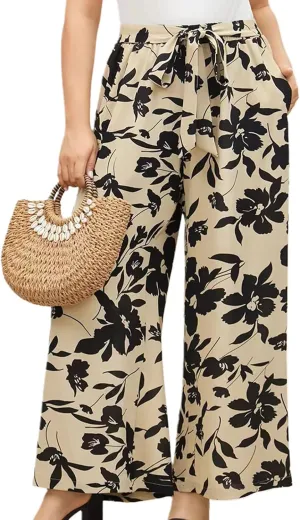 Women's Wide Leg Pants Elastic High Waist Floral Print Pants Plus Size Trousers with Pockets