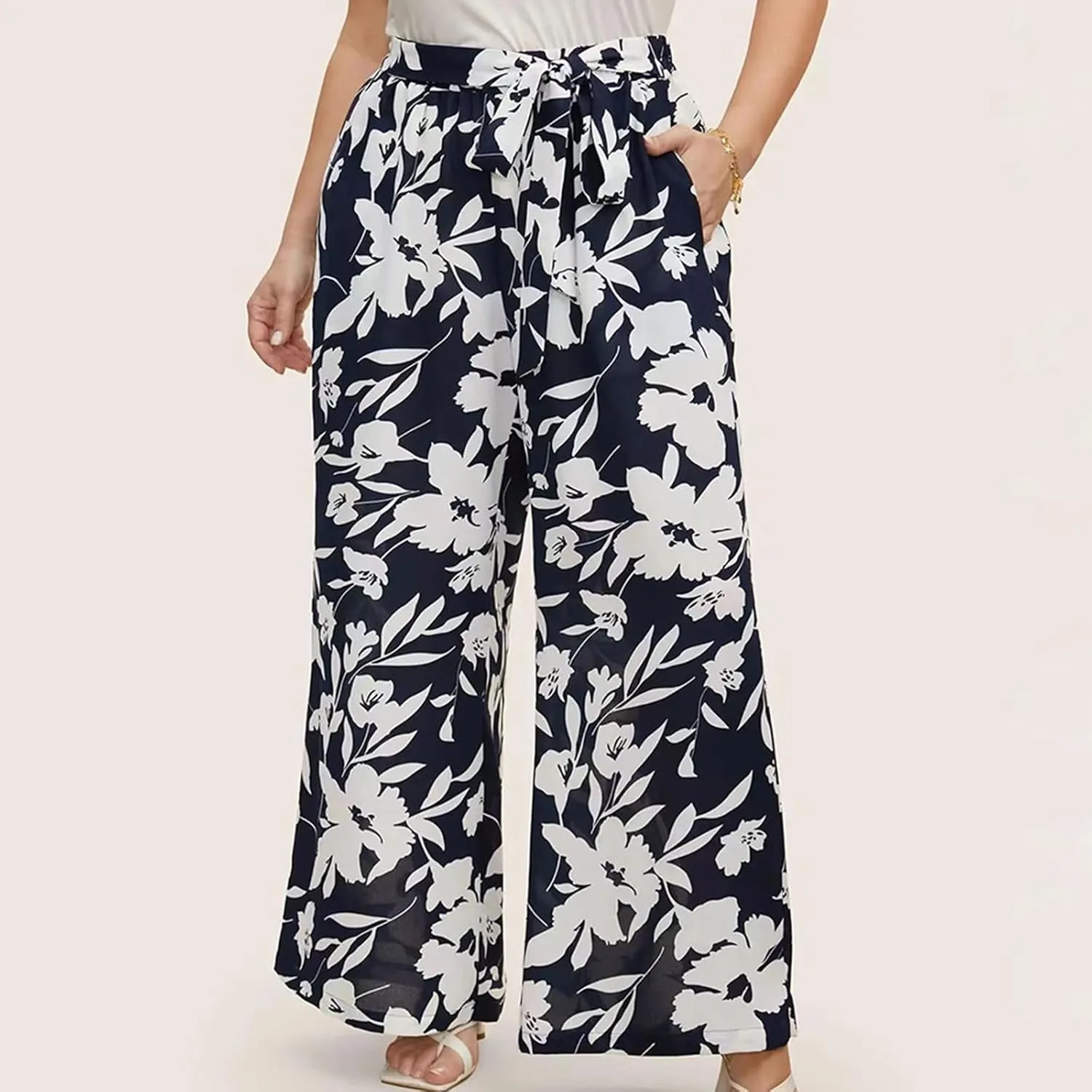 Women's Wide Leg Pants Elastic High Waist Floral Print Pants Plus Size Trousers with Pockets