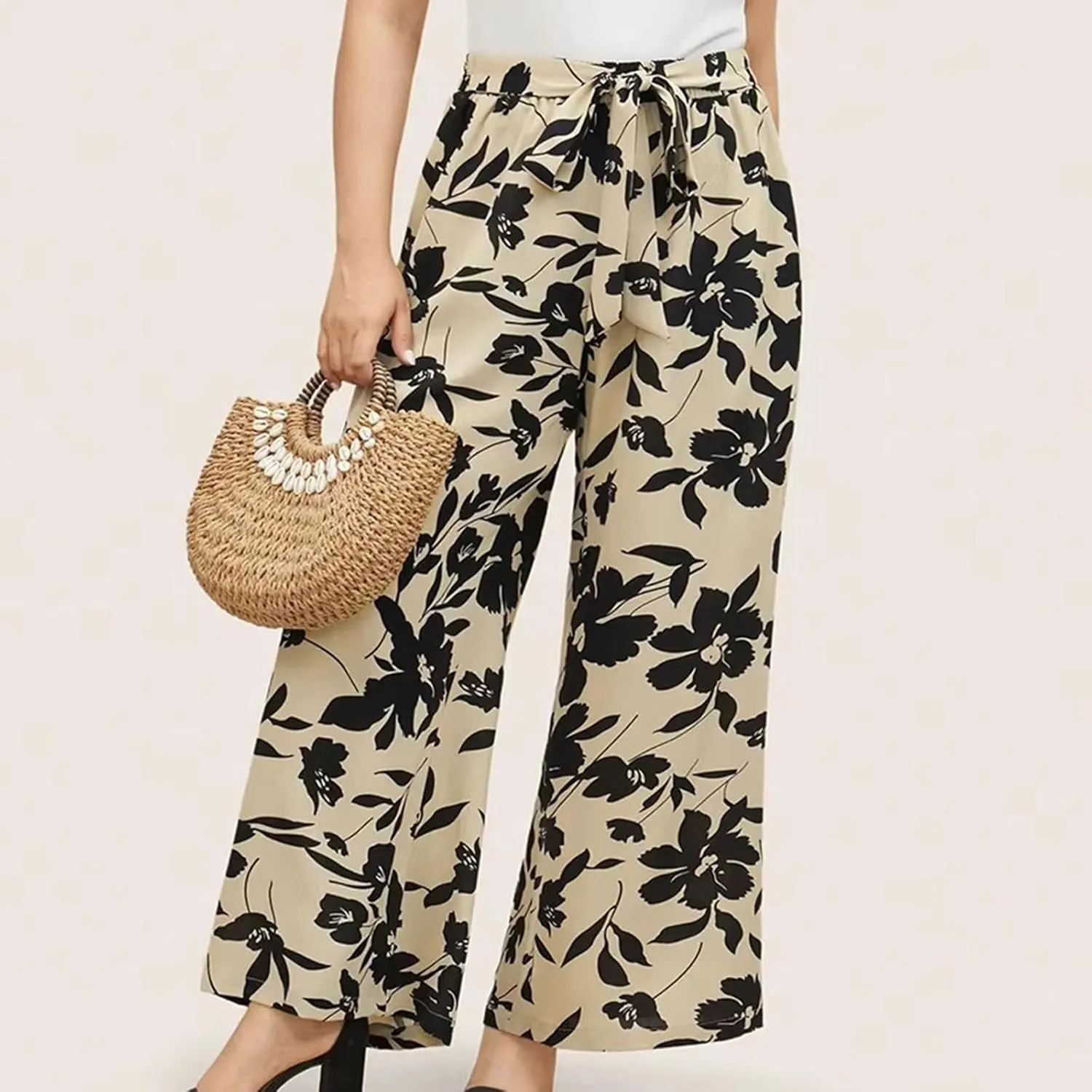 Women's Wide Leg Pants Elastic High Waist Floral Print Pants Plus Size Trousers with Pockets