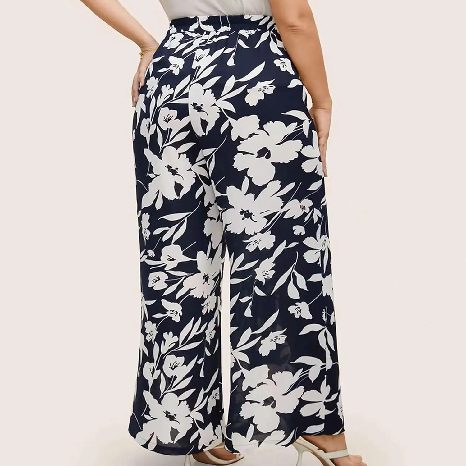 Women's Wide Leg Pants Elastic High Waist Floral Print Pants Plus Size Trousers with Pockets