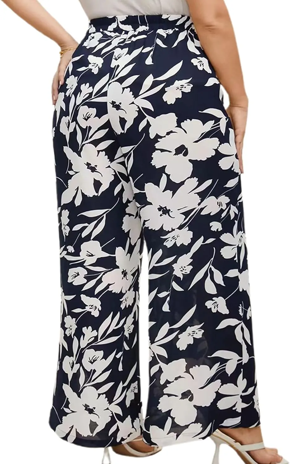 Women's Wide Leg Pants Elastic High Waist Floral Print Pants Plus Size Trousers with Pockets