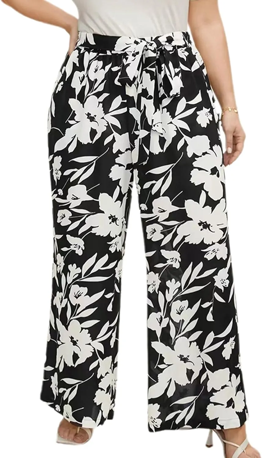 Women's Wide Leg Pants Elastic High Waist Floral Print Pants Plus Size Trousers with Pockets