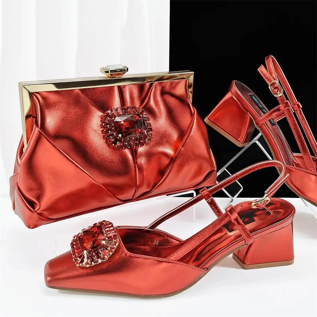 WomenS Wine Coloured High Heels and Shiny Leather Handbag Set with Square Heel for Parties