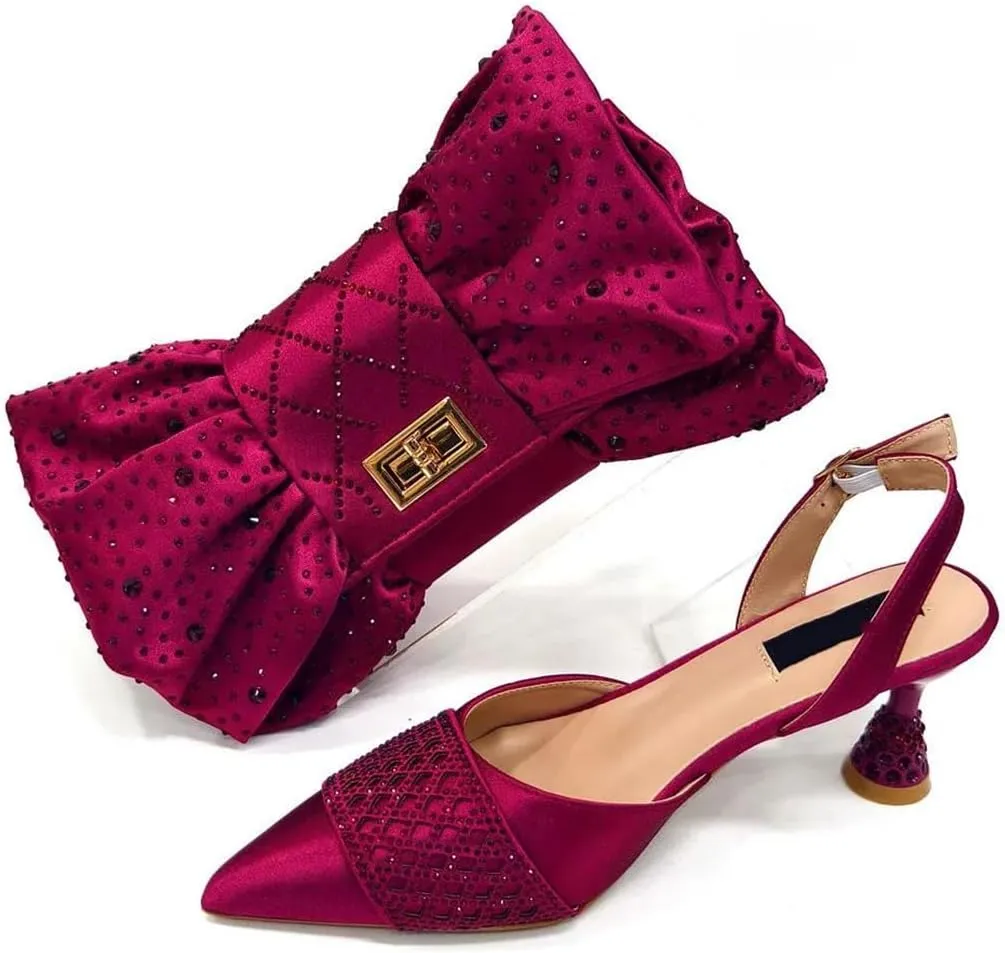 WomenS Wine Rhinestone High Heels and Matching Bag Set with Butterfly Knot Design for Special