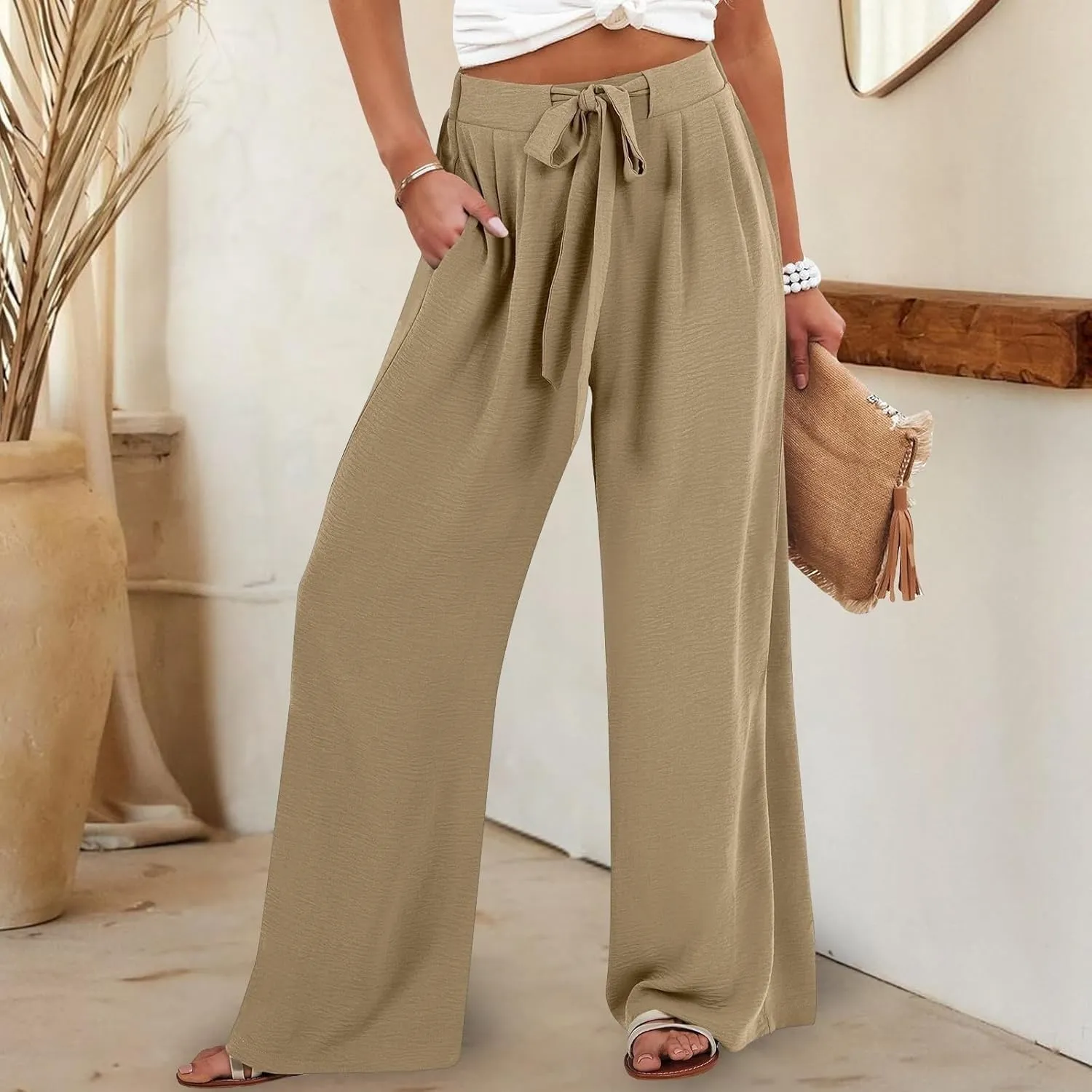 Women's Work Pants Wide Leg 2025 Paperbag Dress Pants Casual Belted Slacks Office Trousers High Waisted with Pockets