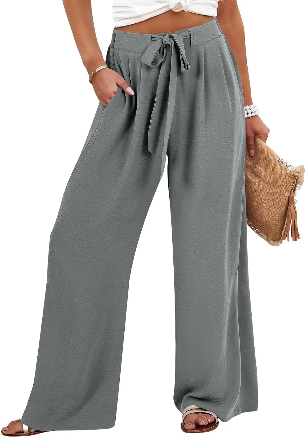 Women's Work Pants Wide Leg 2025 Paperbag Dress Pants Casual Belted Slacks Office Trousers High Waisted with Pockets