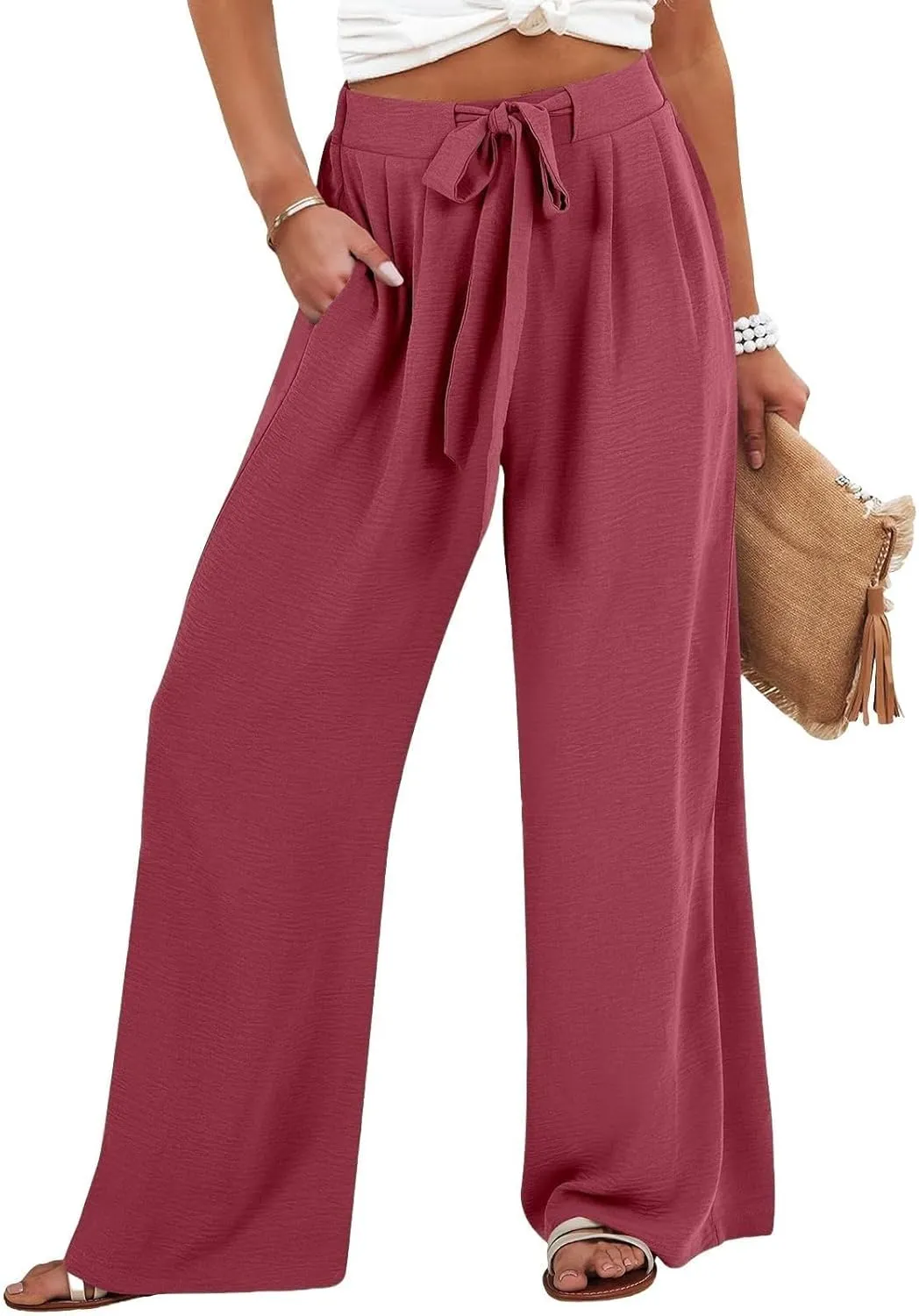 Women's Work Pants Wide Leg 2025 Paperbag Dress Pants Casual Belted Slacks Office Trousers High Waisted with Pockets
