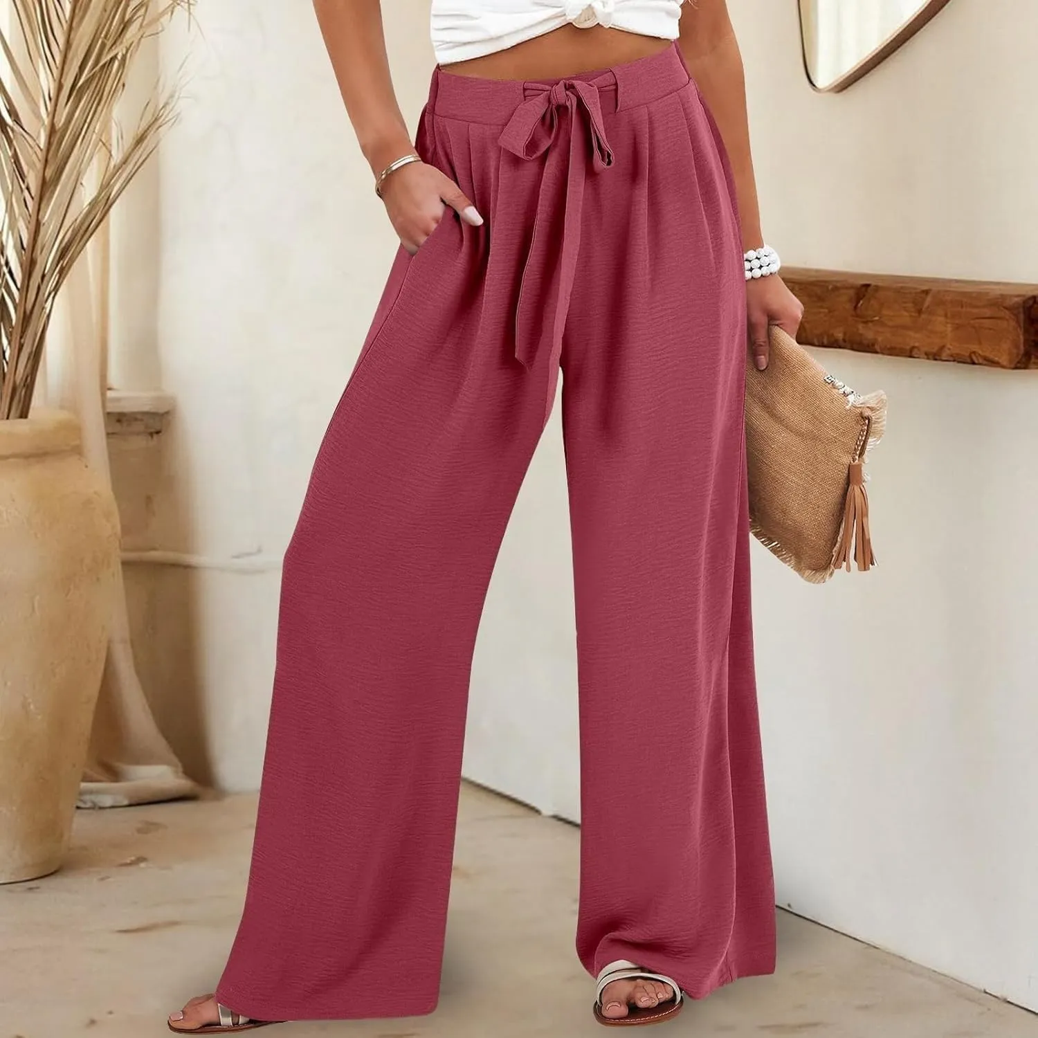 Women's Work Pants Wide Leg 2025 Paperbag Dress Pants Casual Belted Slacks Office Trousers High Waisted with Pockets