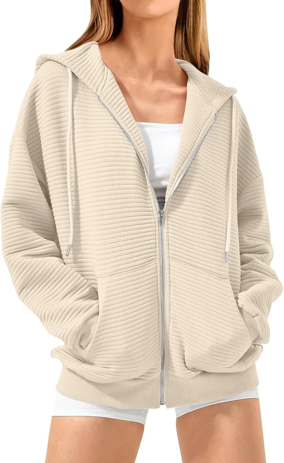 Womens Zip Up Hoodie Oversized Sweatshirt Waffle Knit Clothes Fall Fashion Long Sleeve Jacket With Pockets