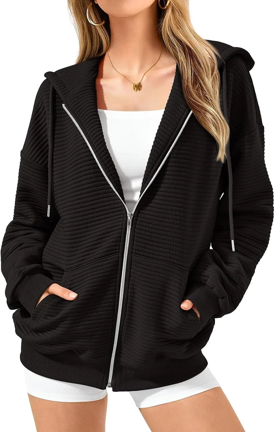 Womens Zip Up Hoodie Oversized Sweatshirt Waffle Knit Clothes Fall Fashion Long Sleeve Jacket With Pockets
